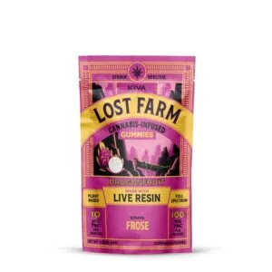 Pink package of Lost Farm's live resin gummies.