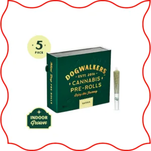 Green box of Dogwalkers five pack of Sativa pre rolls.