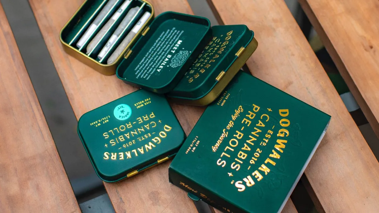 Emerald green packaging of Dog-walkers pre-rolls.