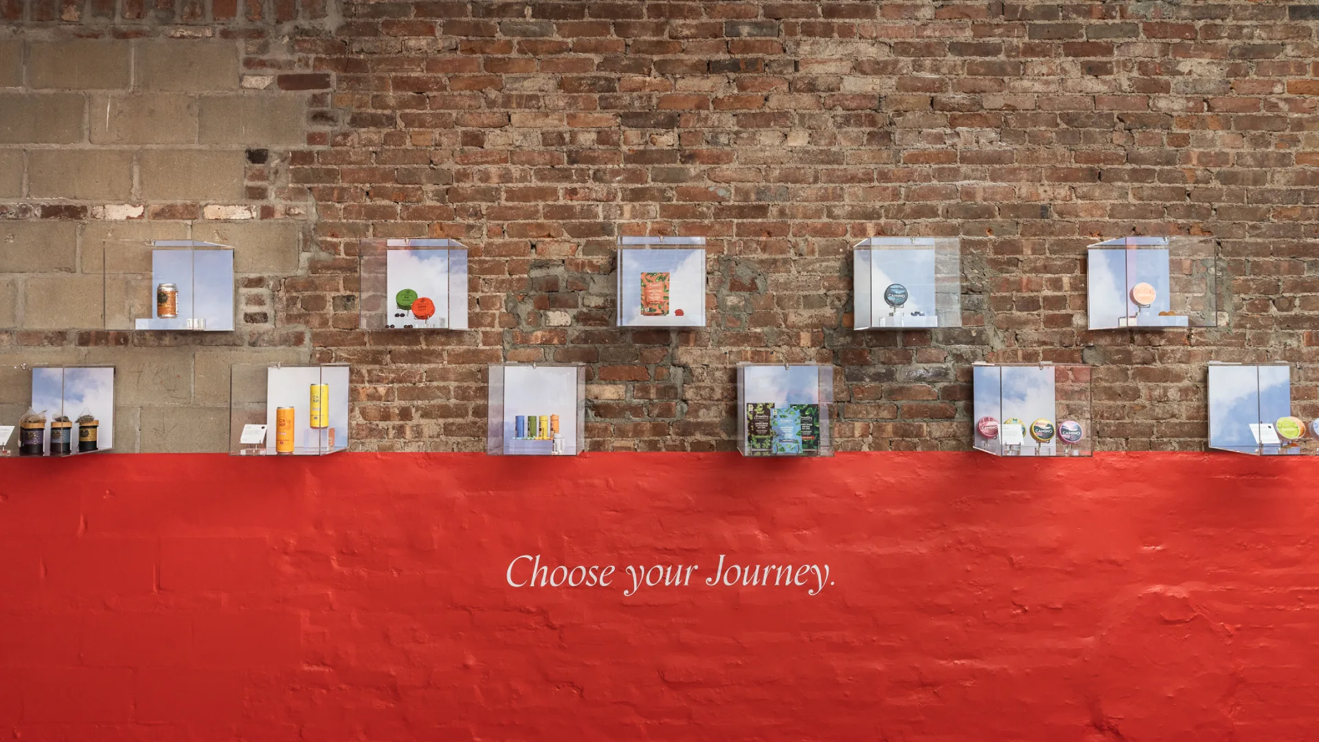 Decorative wall displaying cannabis products in glass frames.