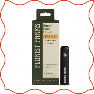 Florist Farms black vape pen in 'super sour diesel'.