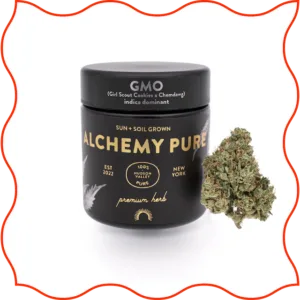 Black jar of GMO flower by Alchemy Pure.
