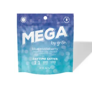Blue package of MEGA by Grön in blue razzleberry.
