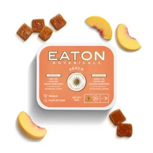 Container of Eaton's 100mg CBG per package Peach gummies.