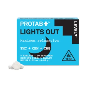 Blue package of ProTab+ Lights Out tablets: THC + CBN + CBG