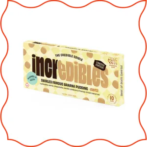 Yellow package of an Incredibles THC chocolate bar.