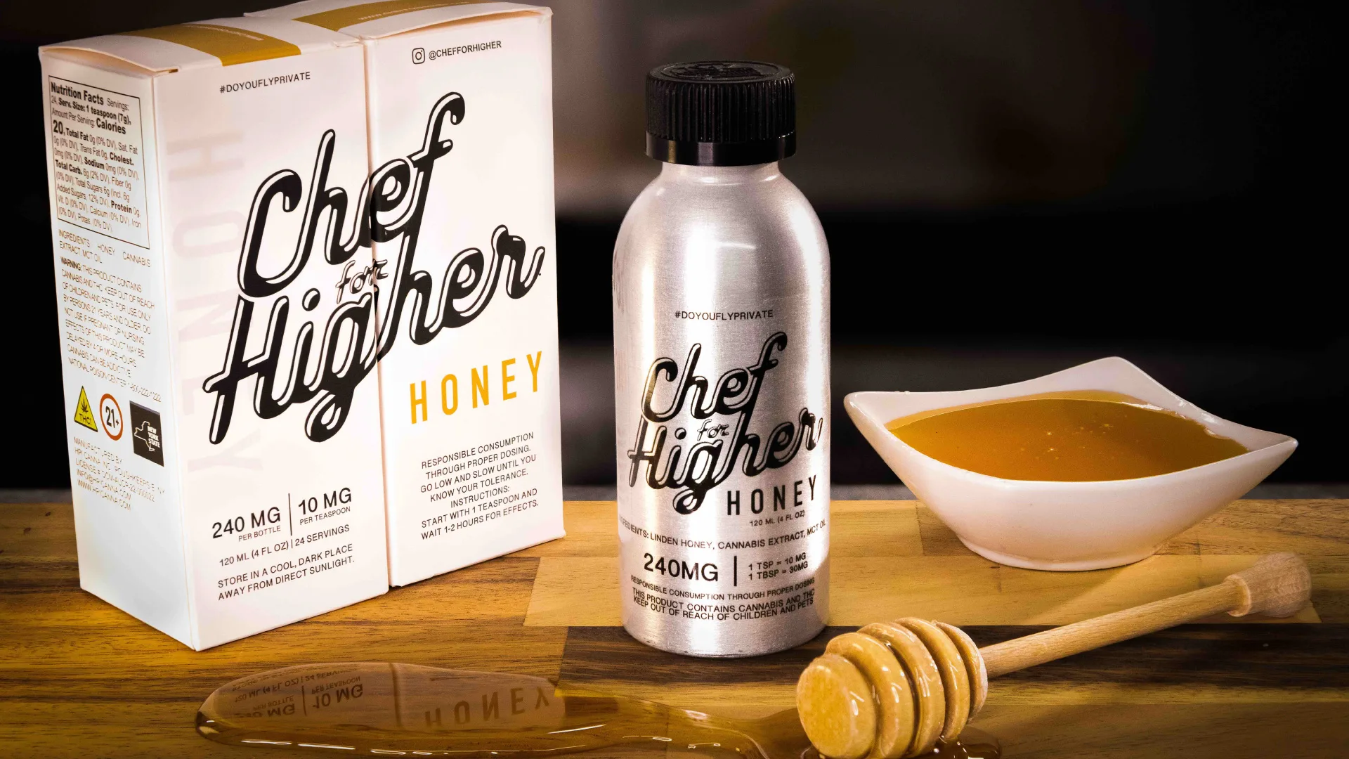 Bottle of THC infused honey from Chef for Higher.