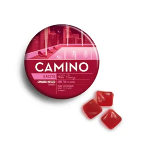 Circular tin of Camino's Excite THC gummies.