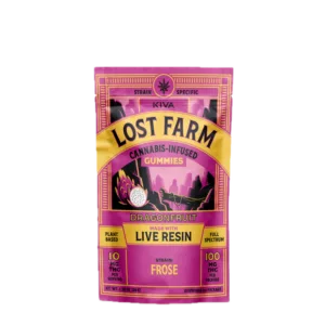 Pink package of Lost Farms dragonfruit resin gummies.