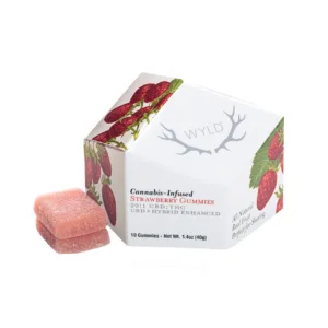 Wyld Strawberry 20:1 CBD gummies, offering a low-THC experience with 1 mg of THC and 20 mg of CBD per serving.