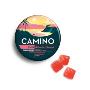 Blue and pink tin of Camino gummies.