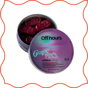 Off Hours Grape thc gummies in a purple tin.