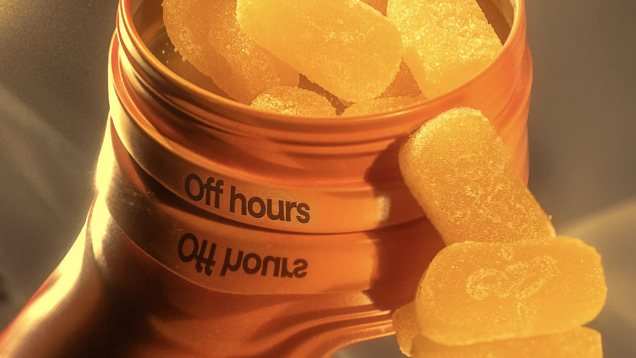 Off-Hours orange tin of THC gummies.