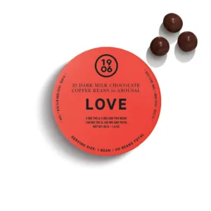 Red tin of 1906's Love Beans.