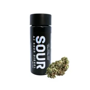 Black container of AJ Sour Diesel pre rolls. 