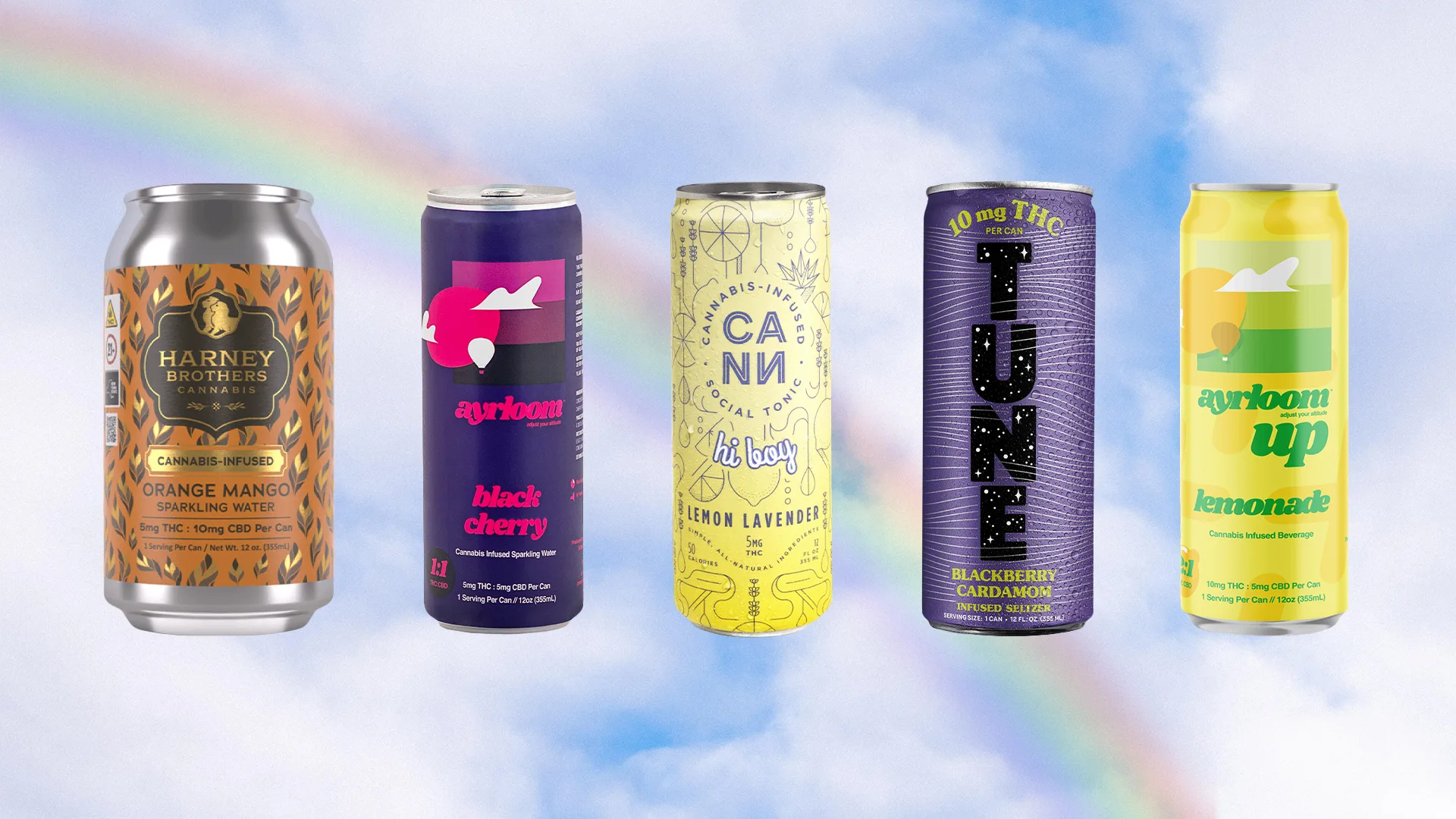 Five cans of THC drinks left to right.