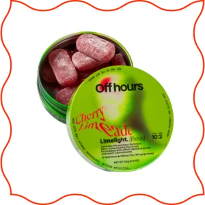Off Hours THC Cherry lime gummies in green tin.