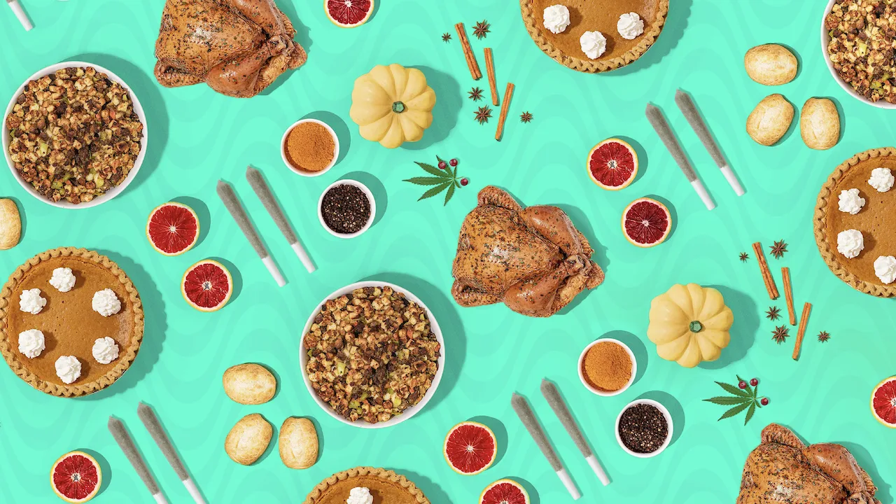 Cascading image of Thanksgiving food, cannabis joints and turkeys.
