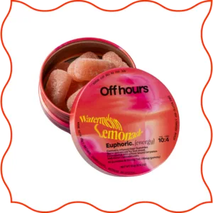 Off Hours Watermelon THC gummies tin.